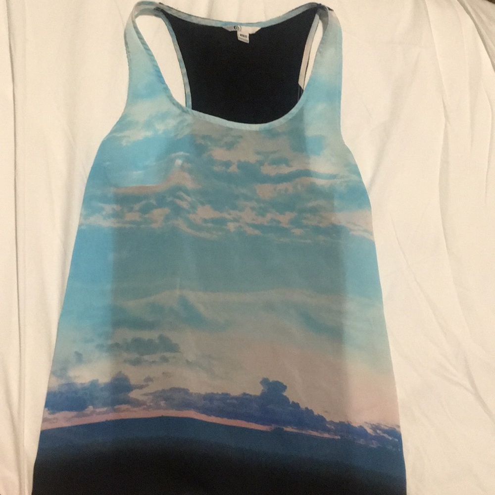 Sheer Tank top with sky on front.